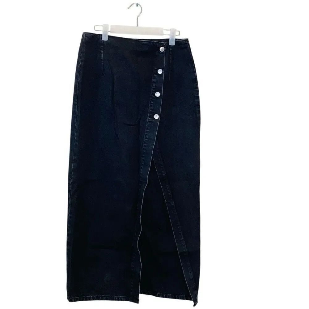 ZARA Front Button 100% Cotton High Front Slit Denim Black Pencil Skirt Medium